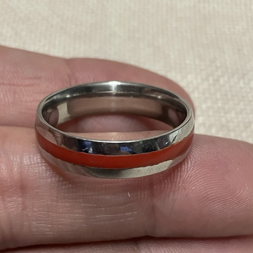Firefighter Thin Red Line Ring Mens Size 12 1/2 Wedding Band Silver Tone Fireman